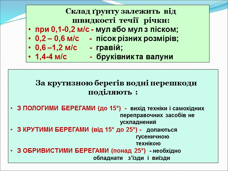 Склад ґрунту залежить  від  швидкості  течії   річки: при 0,1-0,2